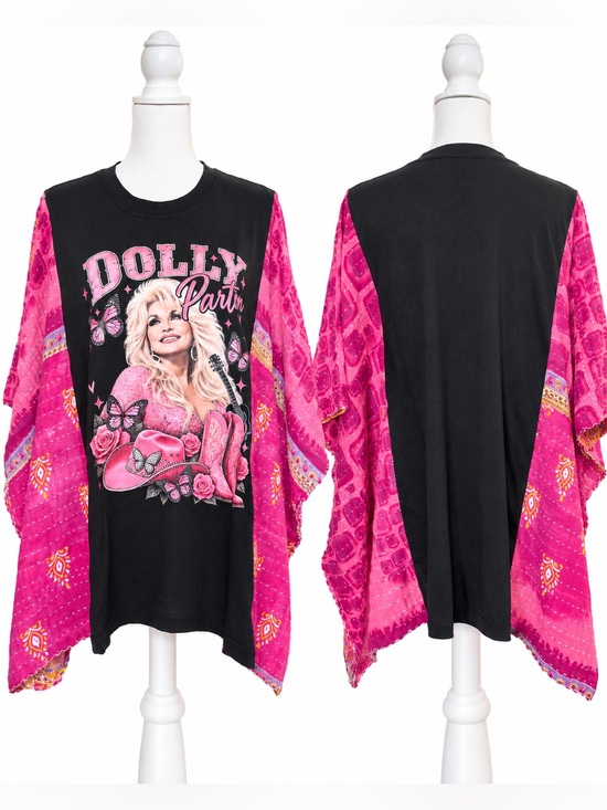 Tops - Dolly Parton Upcycled Graphic Tee Kantha Sleeve Top Pink Boho One of a Kind